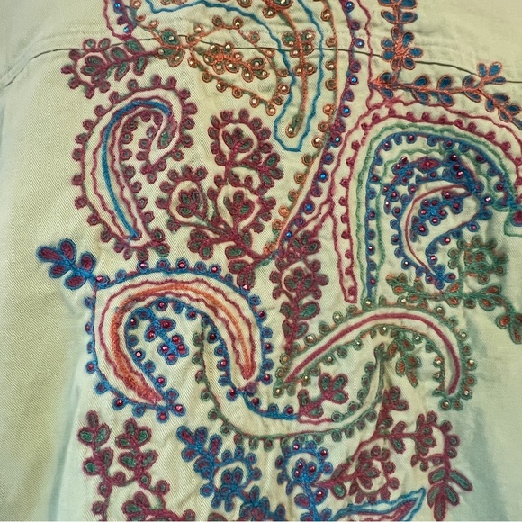 Coldwater Creek Green Denim Twill Paisley Embroidered Boho Jacket large - Picture 5 of 9